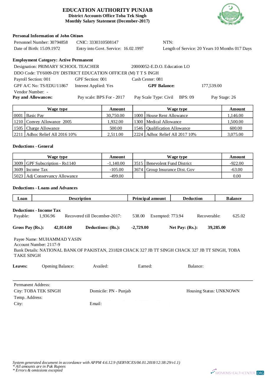 Download INDIA education authority Punjab mpnthly salary statement in Word and PDF formats Photoshop template